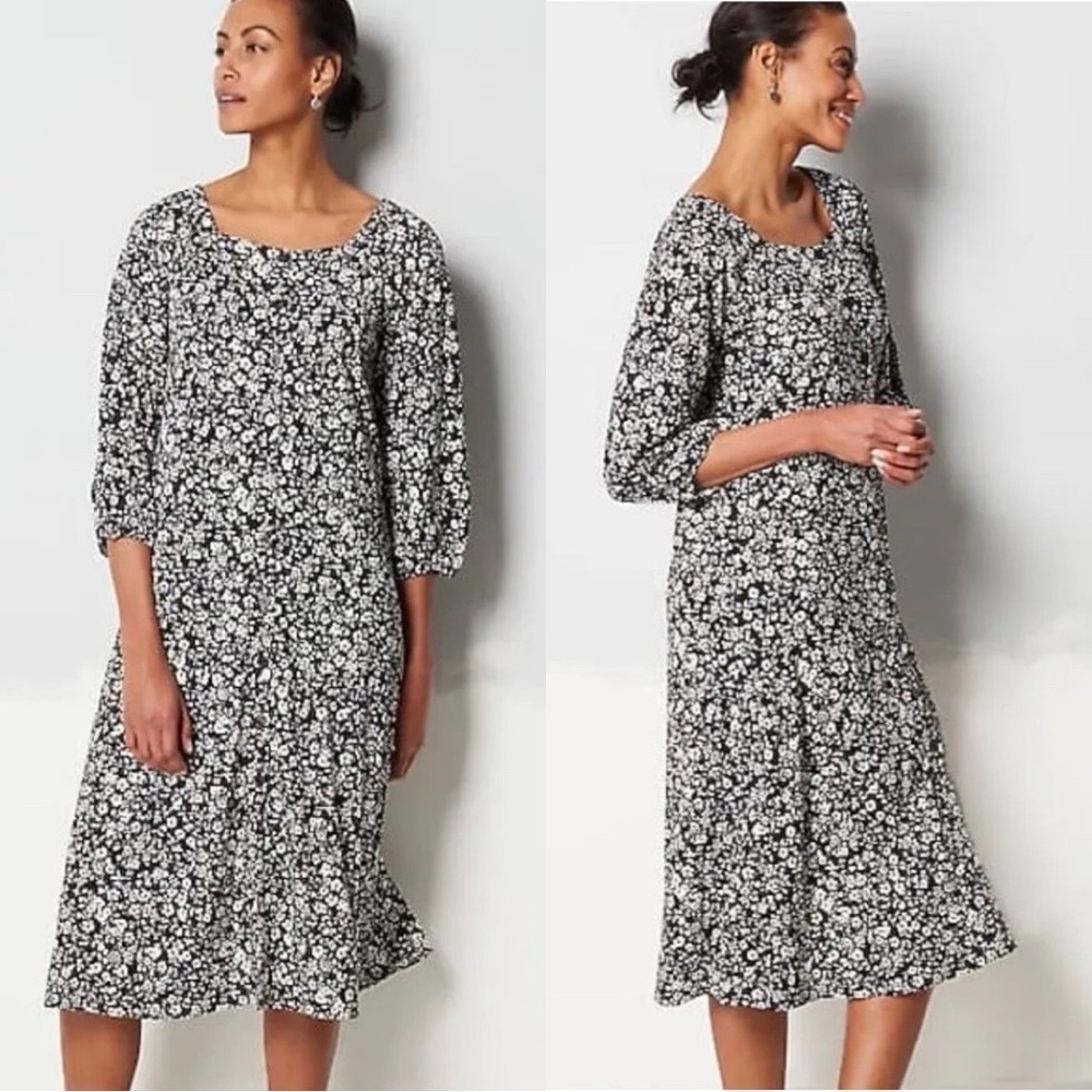 J JILL Floral Button Down Black Midi Dress Sz M